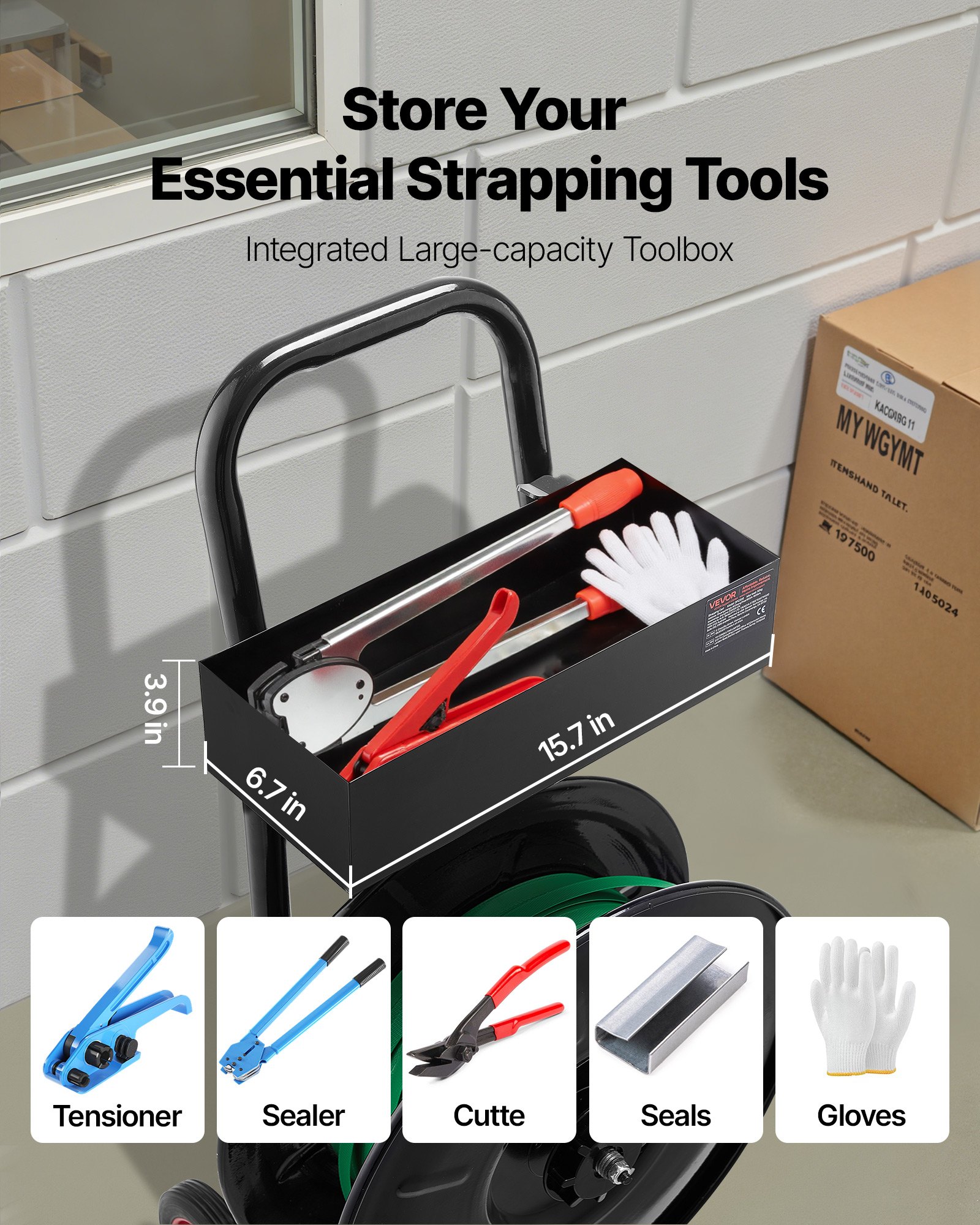 VEVOR Banding Strapping Cart, Fit for PET / PP / Polyester Strapping Coils with 20.3 cm Core Size, Heavy Duty Strapping Dispenser Equipped with Upgrade Brake System, Built-in Spacious Tray for Tools