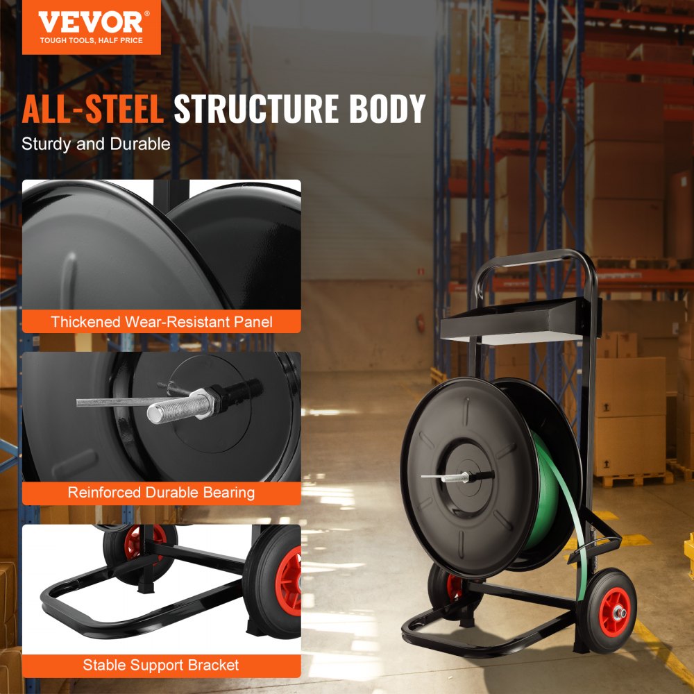 VEVOR strapping trolley, for PET/PP/fiber strapping rolls with 8-inch core size, robust strapping dispenser, equipped with anti-retraction rollers, improved braking system, spacious tool storage