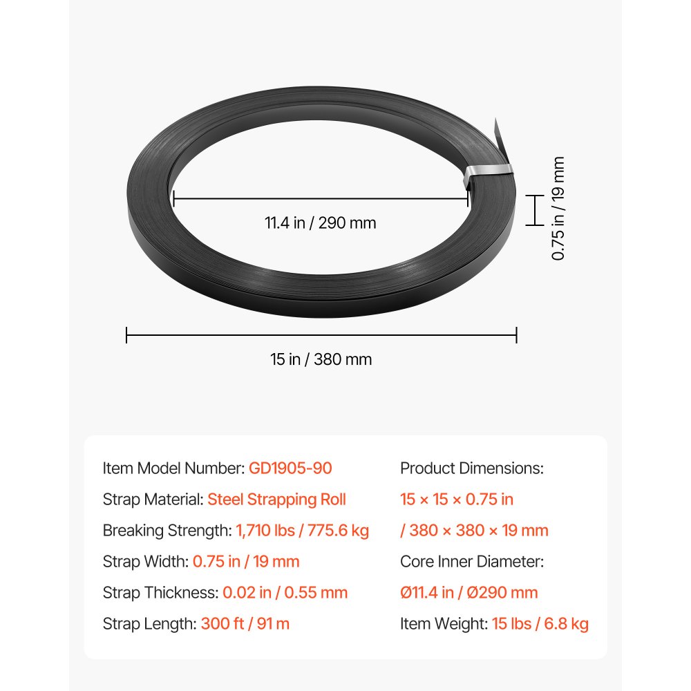 VEVOR Steel Strapping Coil, 19 mm x 0.55 mm x 91 m, Metal Strapping Banding Roll Withstands Harsh Environment, 775.6 kg Break Strength, Heavy Duty Banding Pallet Strap Coil for Pallet Packing