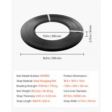 VEVOR Fleje de Acero para Embalaje, 19 mm x 55 mm x 500 m, Rollo de Fleje Metálico, Resistencia a la Rotura de 770 kg, Resistente a la Luz Solar, al Agua y a la Corrosión, para Embalaje de Palés