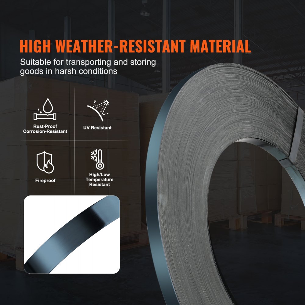 VEVOR Rollo de Fleje de Acero para Embalaje 500m x 19mm x 0,55mm Carrete para Fleje de Palés Resistencia de 770 kg Correas Metálicas de Embalaje Portátiles de Alta Resistencia, Negro