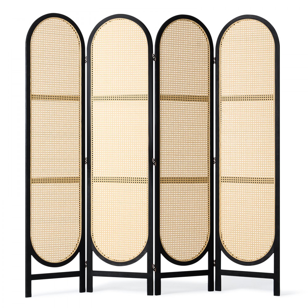 VEVOR Biombo Divisor de Ambientes de 4 Paneles de 1800 x 1820 x 18 mm, Biombos de Privacidad Plegables de Ratán Tejidas a Mano con Bisagras, Divisor de Pared Independiente de Madera, Marrón y Negro