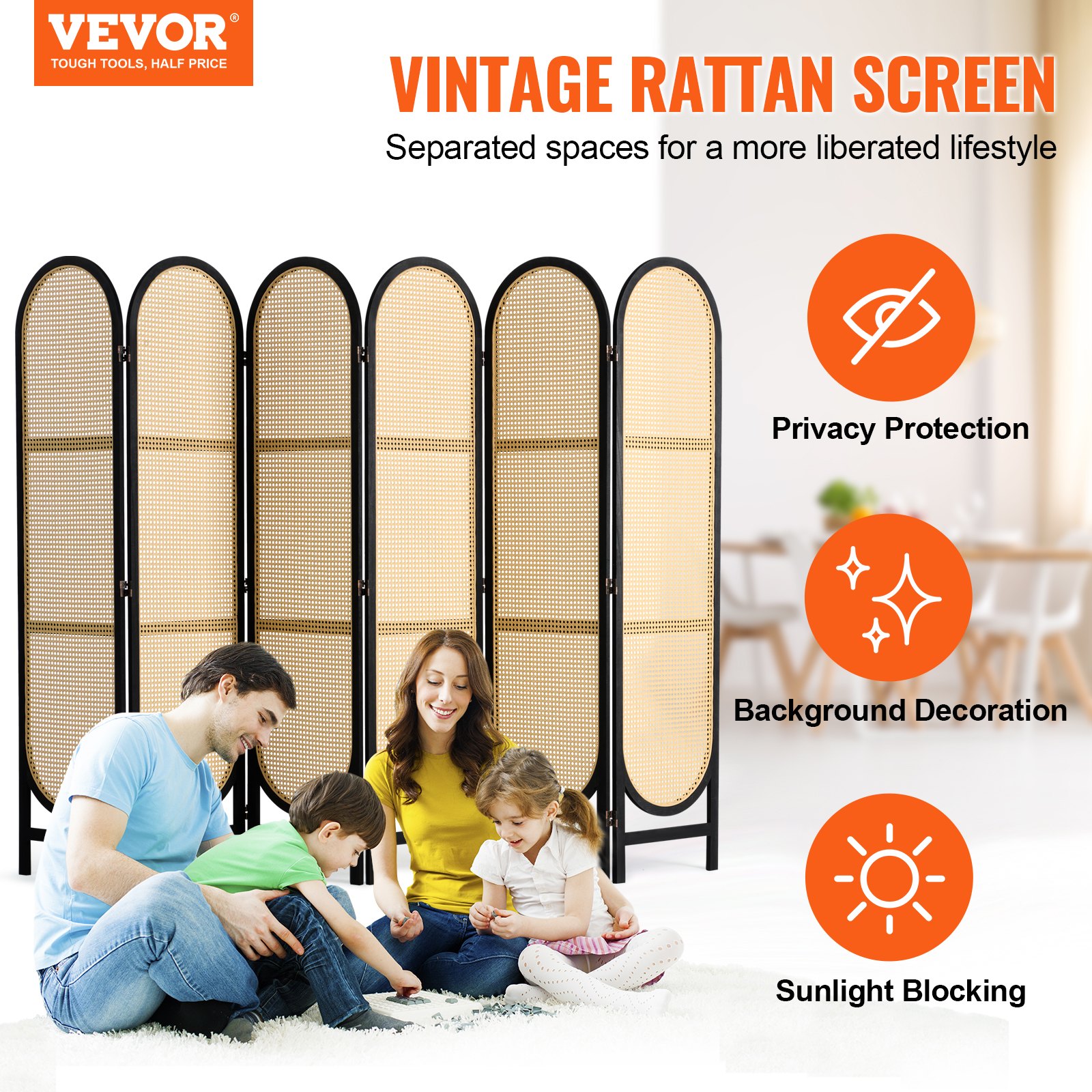 VEVOR Room Divider with 6 Panels, Handwoven Rattan Privacy Screen, Foldable Room Divider with Hinges, Portable & Freestanding Room Divider for Room Partitioning, Living Room, Bedroom