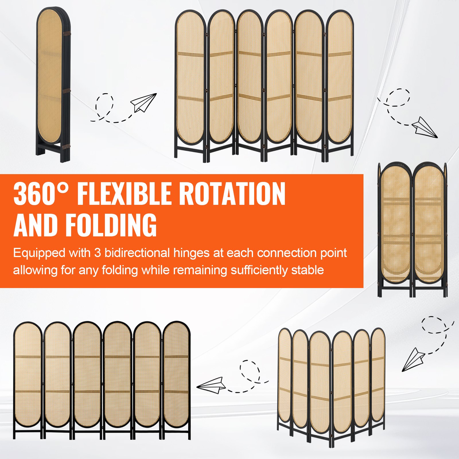 VEVOR Room Divider with 6 Panels, Handwoven Rattan Privacy Screen, Foldable Room Divider with Hinges, Portable & Freestanding Room Divider for Room Partitioning, Living Room, Bedroom