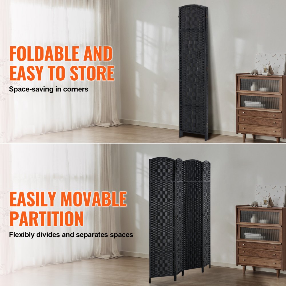VEVOR Biombo Divisor de Ambientes de 4 Paneles de 1795 x 1630 x 19 mm, Mamparas de Privacidad Plegables Tejidas a Mano con Bisagras, Separadores de Ambientes Portátiles e Independientes, Color Negro