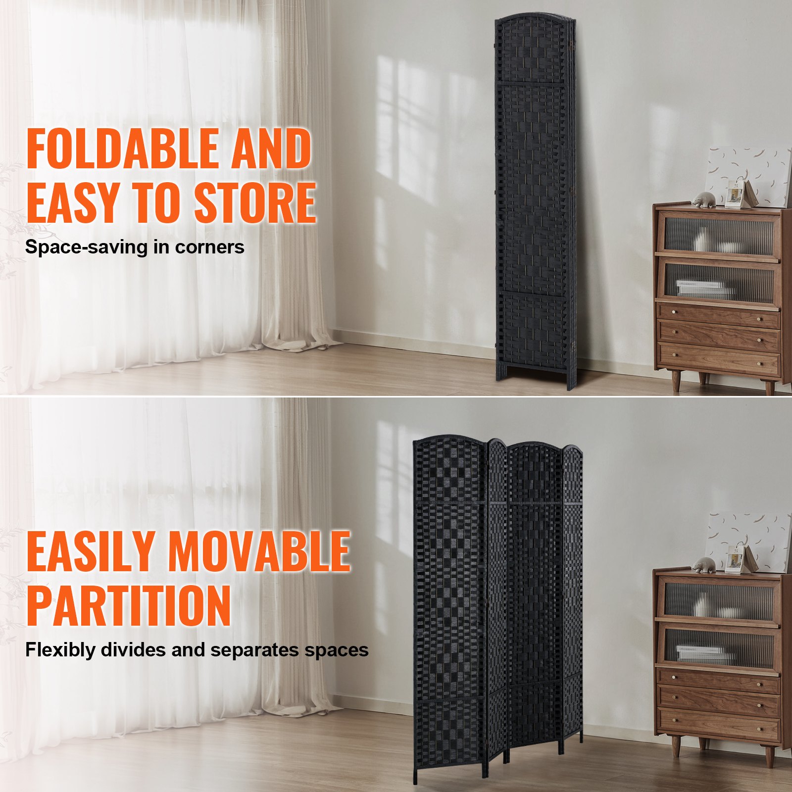 VEVOR Biombo Divisor de Ambientes de 4 Paneles de 1795 x 1630 x 19 mm, Mamparas de Privacidad Plegables Tejidas a Mano con Bisagras, Separadores de Ambientes Portátiles e Independientes, Color Negro