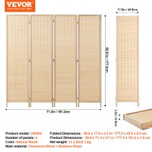 VEVOR Biombo Portátil de 4 Paneles de 1775 x 1812 x 18 mm de Bambú, Color Madera