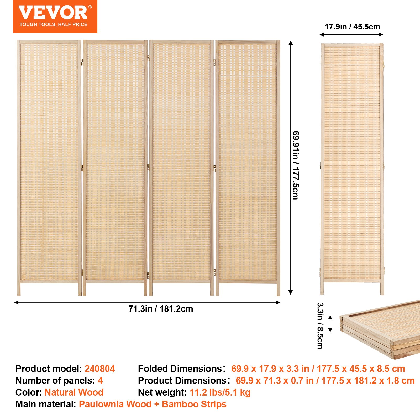 VEVOR Biombo Divisor de Ambientes de 4 Paneles 1775 x 1812 x 18 mm, Mamparas de Privacidad Plegables de Bambú Tejidas a Mano con Bisagras, Separadores de Ambientes Independientes, Color Madera
