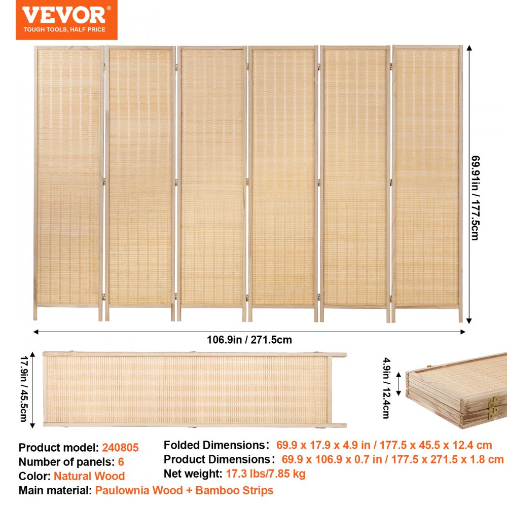 VEVOR Biombo Divisor de Ambientes de 6 Paneles de 1775 x 2715 x 18 mm, Mamparas Plegables de Bambú Tejidas a Mano con Bisagras, Separadores de Ambientes Portátiles e Independientes, Color Madera