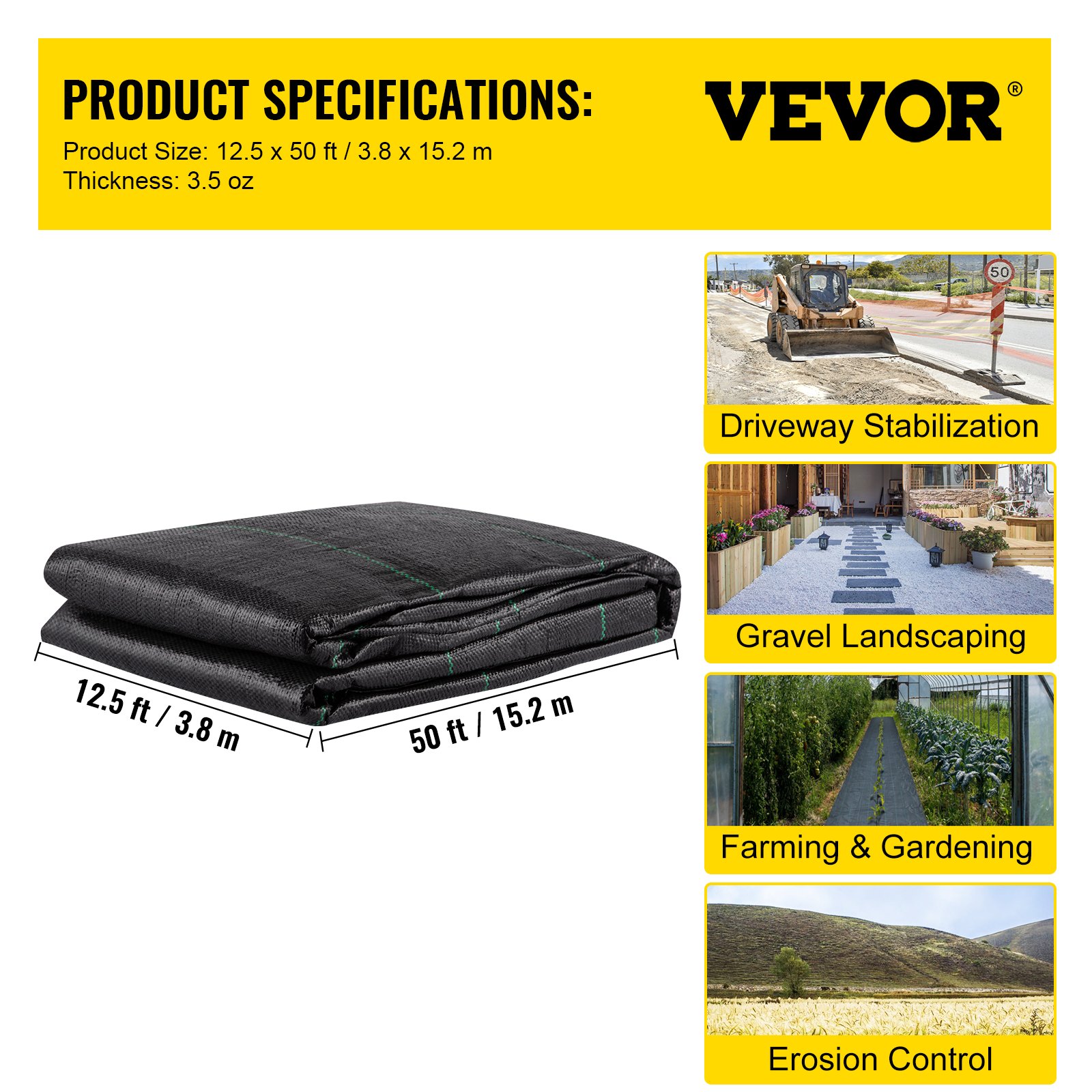 VEVOR Tela geotextil 3,8 x 15,2 m Tela de drenaje de entrada Tejido PP 3,5 oz Resistencia a la tracción 600 libras Contrapiso para estabilización de suelos, paisajismo, barrera contra malezas