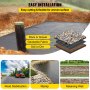 Guía de instalación de tela para caminos de entrada VEVOR que muestra capas: tierra, tela y grava. Usos: estabilización de carreteras, escollera, muro de contención.