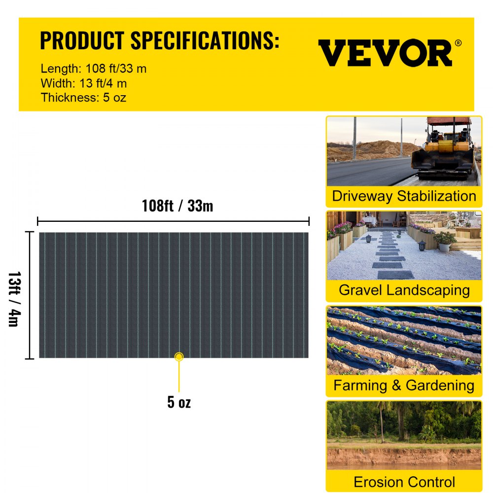 VEVOR Tela para Acolchado 4x33 m Geotextil Control de Malas Hierbas 132 ㎡ Resistencia a Tracción 272 kg Lona Textil Permeable al Agua Subyacente para Estabilización Carreteras Jardinería Agricultura