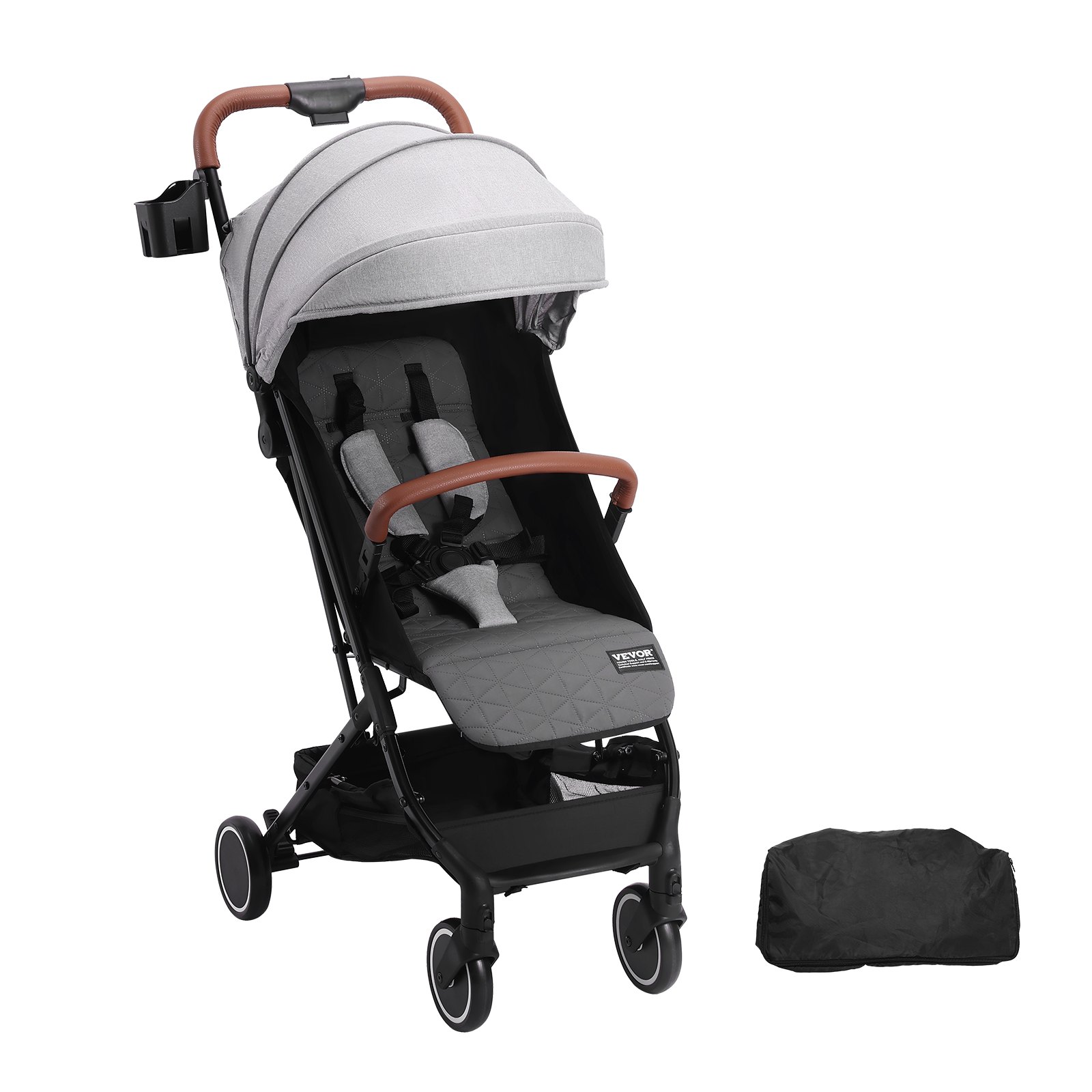 VEVOR Cochecito de Bebé Cochecito para Niños con Respaldo Ajustable de 95° a 175° Reposapiés Ajustable de 0/90° Portavasos Plegable con Un Solo Clic Bolsa de Transporte para Recién Nacidos, Gris Claro