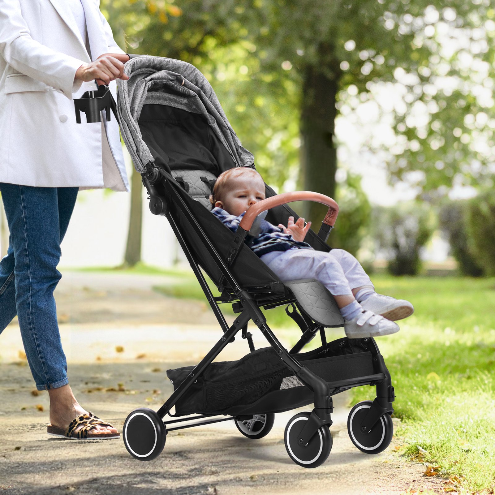 VEVOR Stroller 71 x 44 x 107cm, with 95°-175° adjustable backrest and 0/90° adjustable footrest and one-click folding function, buggy with cup holder and carry bag, dark gray