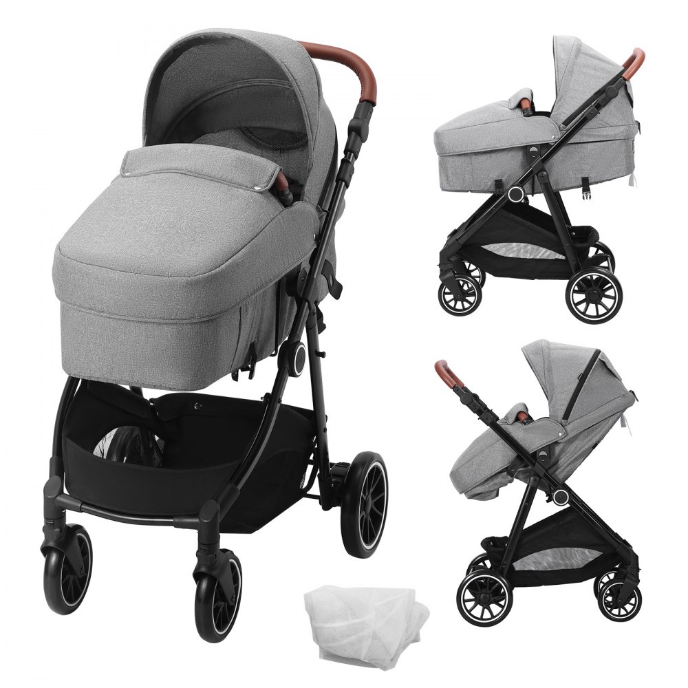 VEVOR Cochecito de Bebé Estándar Cochecito para Niños Respaldo Ajustable Asiento Plegable Reversible para Recién Nacidos de Acero al Carbono con Cubierta para Piernas Red de Malla, Gris Oscuro