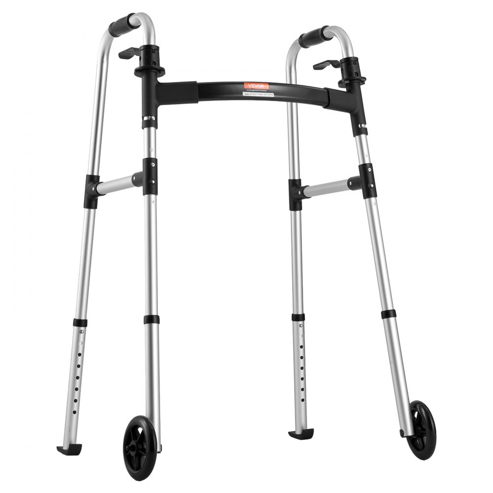 VEVOR Andador Plegable de 2 Botones, con Ruedas Delanteras de 12,7 cm y Altura Ajustable en 8 Niveles, con Capacidad de Carga 159 kg, Ligero, de Aluminio, Ideal para Personas Mayores y Adultos
