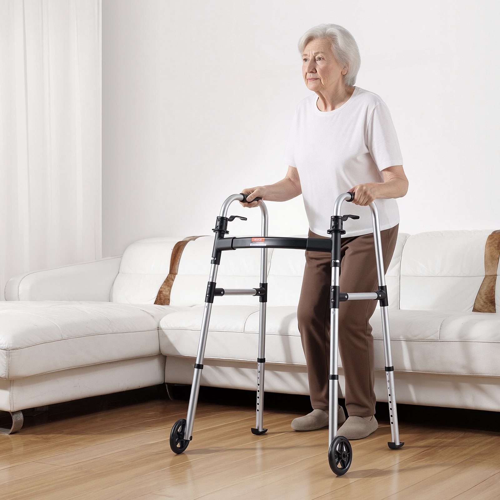 VEVOR Andador Plegable de 2 Botones, con Ruedas Delanteras de 12,7 cm y Altura Ajustable en 8 Niveles, con Capacidad de Carga 159 kg, Ligero, de Aluminio, Ideal para Personas Mayores y Adultos