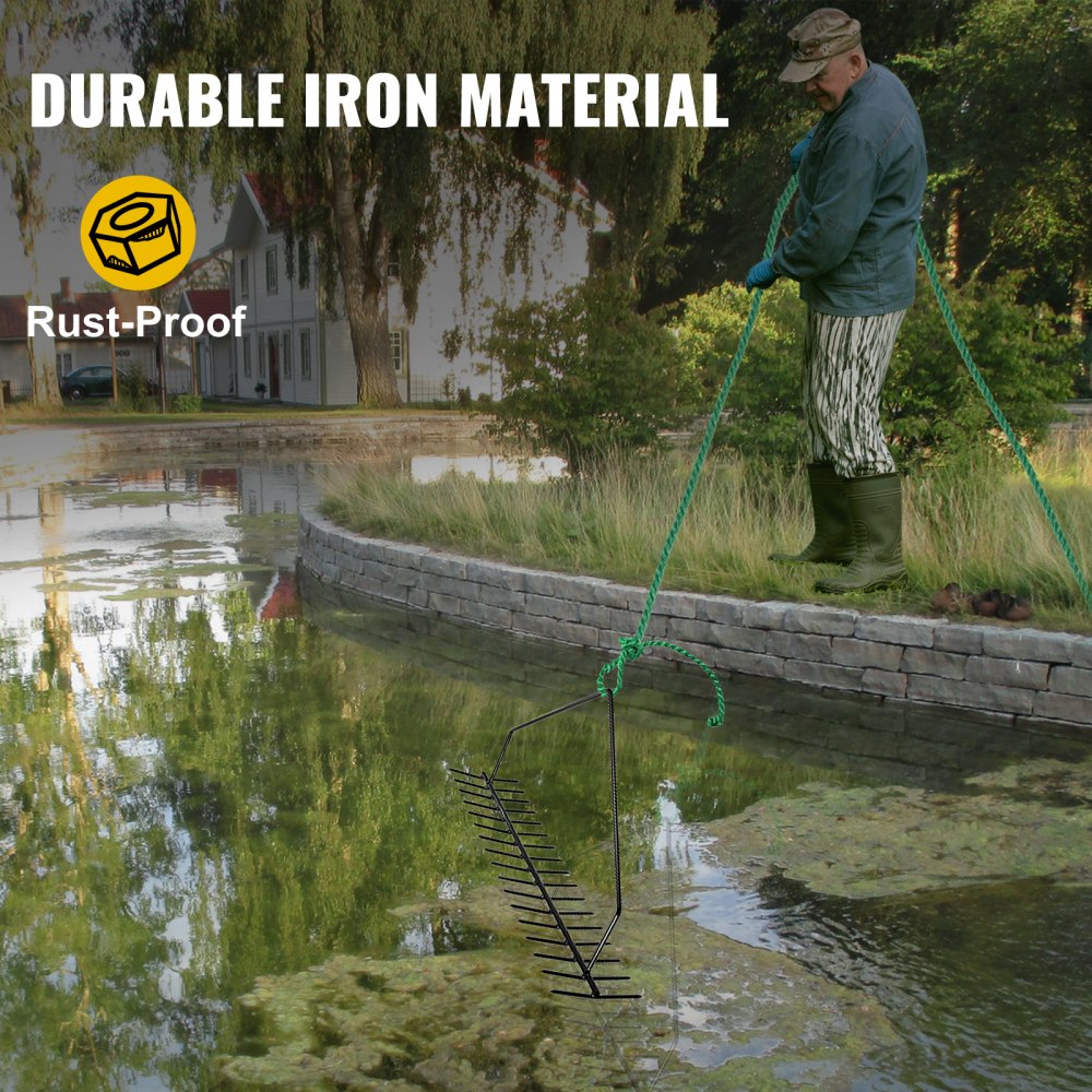 VEVOR Rastrillo de Hierba de Estanque 81x20x46,7 cm Rastrillo de Malezas Acuáticas Hierro Eliminador de Raíces Malezas Acuáticas Cuerda 20 m Bolsa de Red Rastrillo de Doble Cara para Estanque Piscina