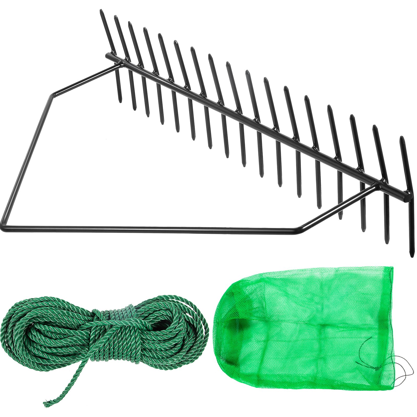 VEVOR Rastrillo de Hierba de Estanque 81x20x46,7 cm Rastrillo de Malezas Acuáticas Hierro Eliminador de Raíces Malezas Acuáticas Cuerda 20 m Bolsa de Red Rastrillo de Doble Cara para Estanque Piscina