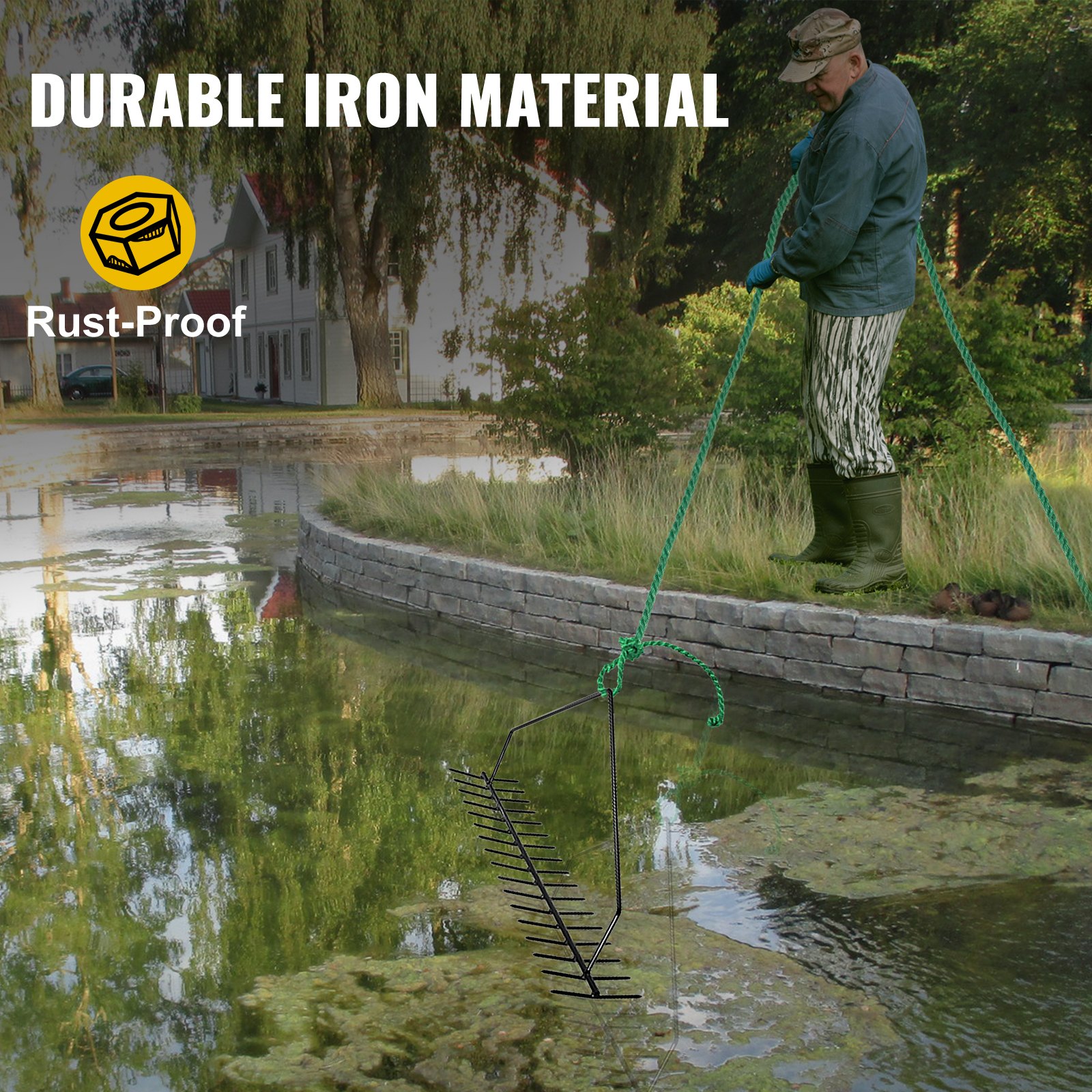 VEVOR Rastrillo de Hierba de Estanque 81x20x46,7 cm Rastrillo de Malezas Acuáticas Hierro Eliminador de Raíces Malezas Acuáticas Cuerda 20 m Bolsa de Red Rastrillo de Doble Cara para Estanque Piscina