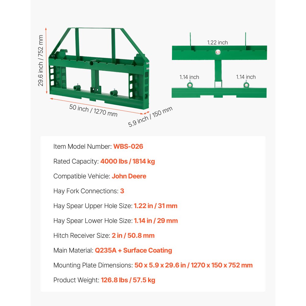 VEVOR Bastidor de Paletas para Minicargadoras, con Enganche de Remolque de 50,8 mm y Manguitos de Lanza, Carga de 1814 kg para Cargadora John Deere, Montaje de Conexión Rápida, Solo Bastidor
