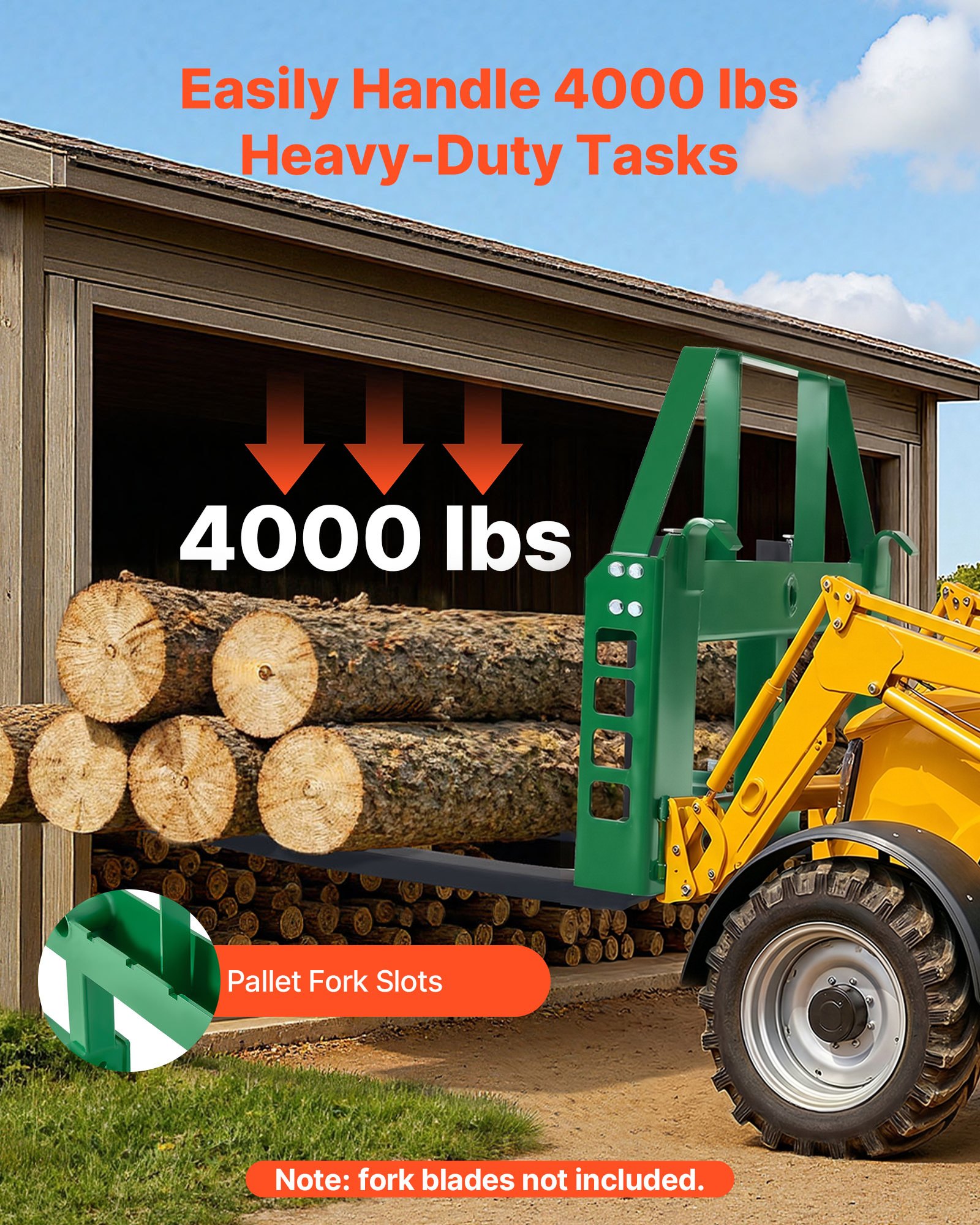 VEVOR Bastidor de Paletas para Minicargadoras, con Enganche de Remolque de 50,8 mm y Manguitos de Lanza, Carga de 1814 kg para Cargadora John Deere, Montaje de Conexión Rápida, Solo Bastidor