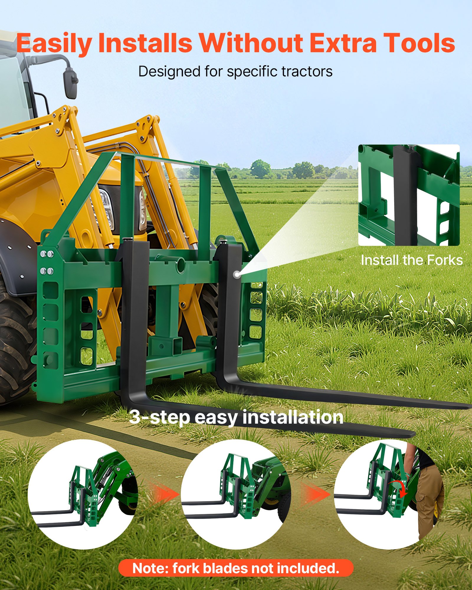 VEVOR Bastidor de Paletas para Minicargadoras, con Enganche de Remolque de 50,8 mm y Manguitos de Lanza, Carga de 1814 kg para Cargadora John Deere, Montaje de Conexión Rápida, Solo Bastidor