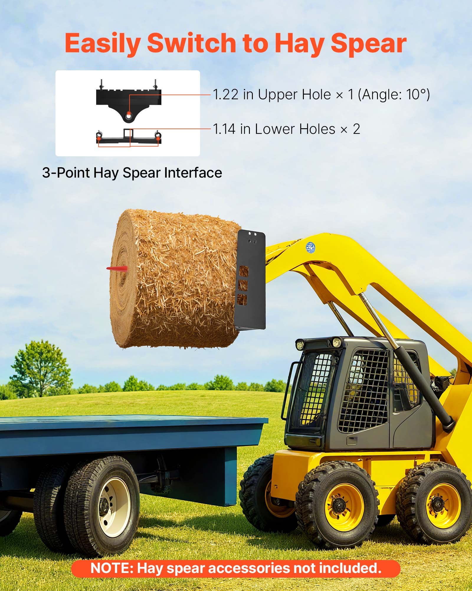 VEVOR Skid Steer Pallet Frame, 1814 kg Rated Load Capacity, 115 cm Pallet Fork Frame Attachments with 50.8 mm Hitch Receiver & Spear Sleeves, Fit for Loaders Tractors Quick Attach Mount, Frame Only