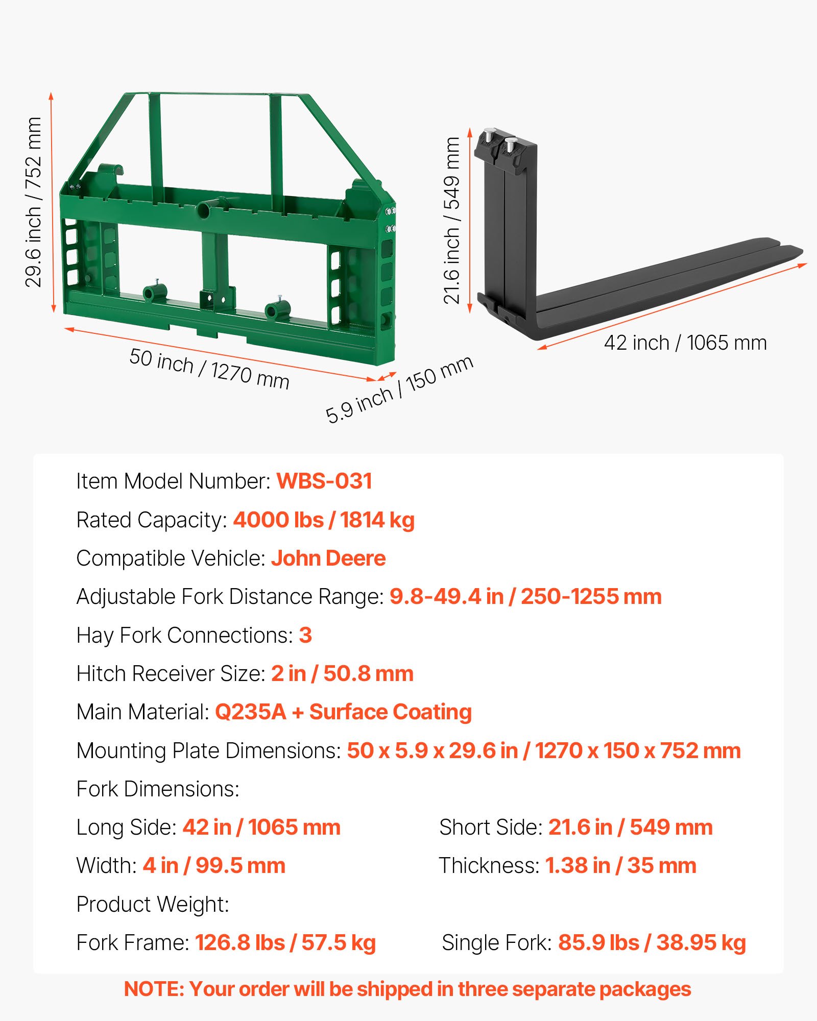 VEVOR Horquillas para Palés para Minicargadoras con Bastidor de 1270 mm, Horquilla de 1065 mm, Receptor de Enganche de 50,8 mm, Manguitos de Lanza, Carga de 1814 kg Compatibles con Tractores JD