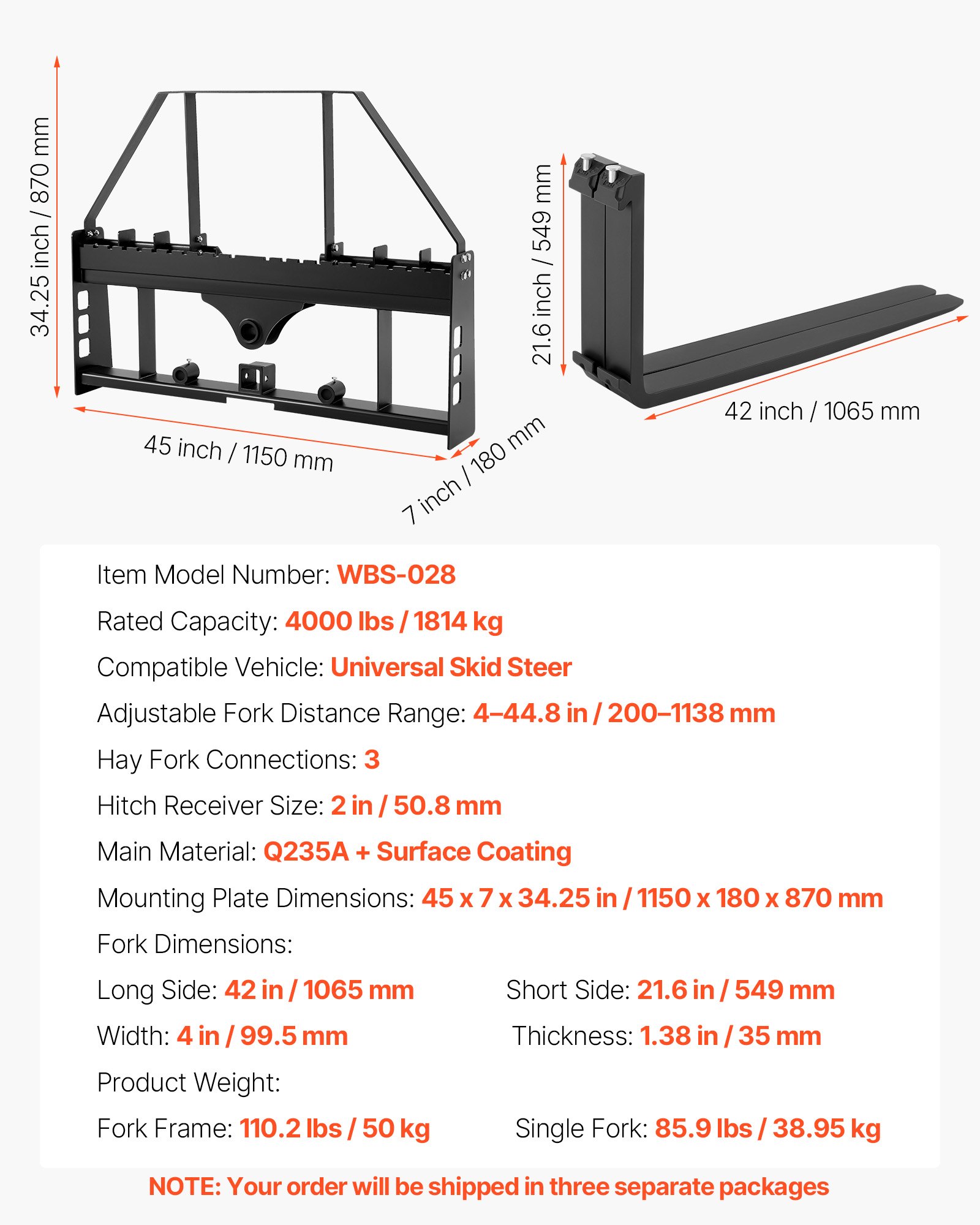 VEVOR Horquillas para Palés para Minicargadoras con Bastidor de 1150 mm, Horquilla de 1065 mm, Receptor de Enganche de 50,8 mm, Manguitos de Lanza, Carga de 1814 kg para Minicargadoras y Tractores