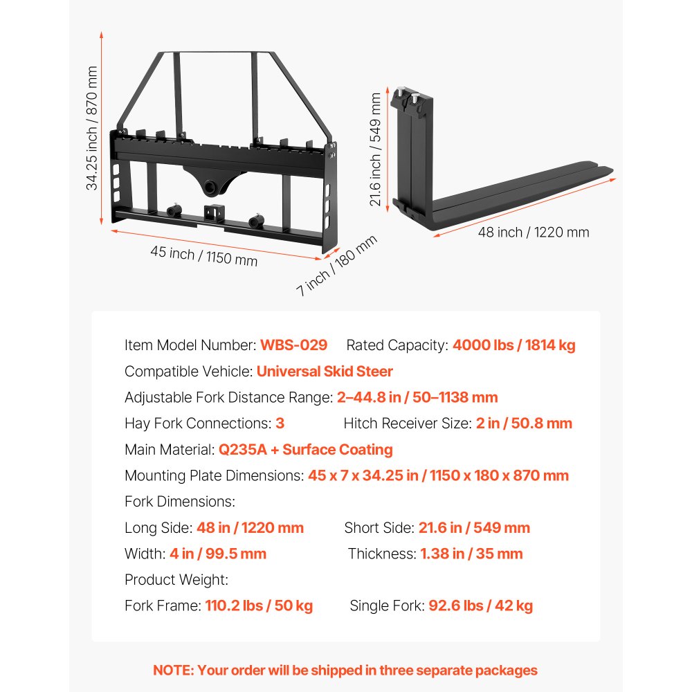 VEVOR Horquillas para Palés para Minicargadoras con Bastidor de 1150 mm, Horquilla de 1220 mm, Receptor de Enganche de 50,8 mm, Manguitos de Lanza, Carga de 1814 kg para Minicargadoras y Tractores