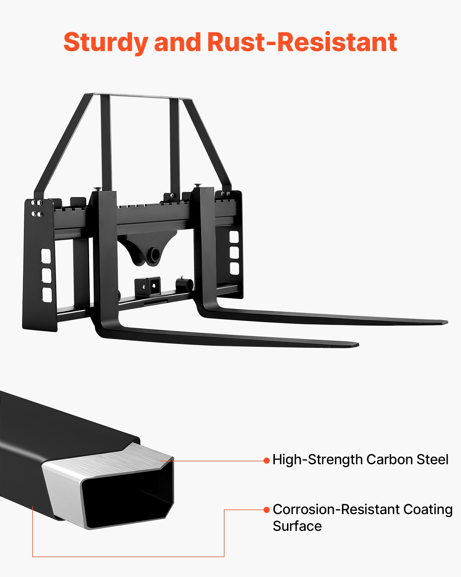 VEVOR Horquillas para Palés para Minicargadoras con Bastidor de 1150 mm, Horquilla de 1220 mm, Receptor de Enganche de 50,8 mm, Manguitos de Lanza, Carga de 1814 kg para Minicargadoras y Tractores
