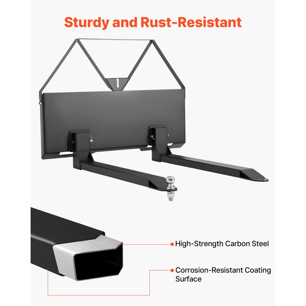VEVOR Skid Steer Pallet Forks, 1179 kg Rated Capacity, Pallet Fork Frame Attachment with 122 cm Pallet Forks Blades, 47.6 mm Ball Hitch Receiver, Quick Tach Connection for Skid Steers, Tractors
