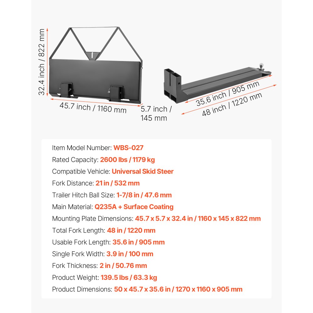 VEVOR Skid Steer Pallet Forks, 1179 kg Rated Capacity, Pallet Fork Frame Attachment with 122 cm Pallet Forks Blades, 47.6 mm Ball Hitch Receiver, Quick Tach Connection for Skid Steers, Tractors