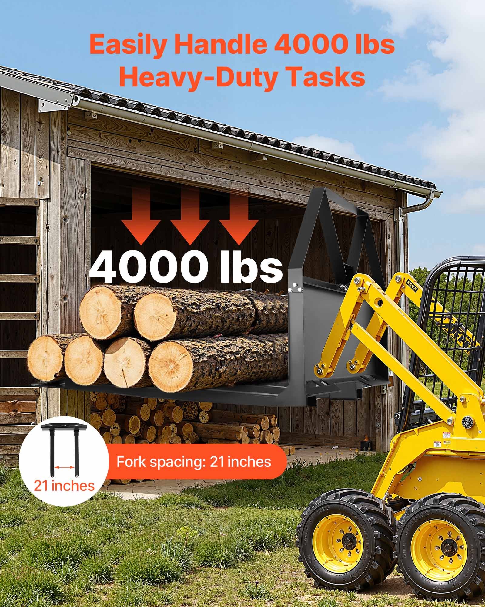 VEVOR Skid Steer Pallet Forks, 1179 kg Rated Capacity, Pallet Fork Frame Attachment with 122 cm Pallet Forks Blades, 47.6 mm Ball Hitch Receiver, Quick Tach Connection for Skid Steers, Tractors