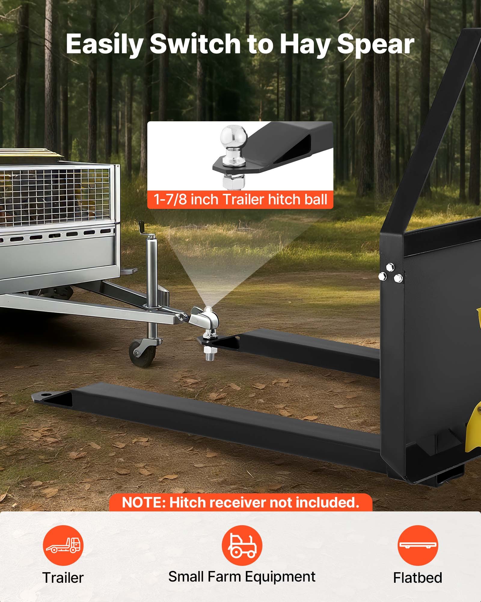 VEVOR Skid Steer Pallet Forks, 1179 kg Rated Capacity, Pallet Fork Frame Attachment with 122 cm Pallet Forks Blades, 47.6 mm Ball Hitch Receiver, Quick Tach Connection for Skid Steers, Tractors