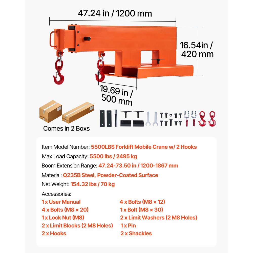 VEVOR Pluma Telescópica para Carretilla Elevadora 2495 kg, Brazo Grúa para Montacargas 120-186 cm con 2 Ganchos Giratorios, Accesorio de Elevación con Montaje en Horquilla para Almacén Fábrica Taller