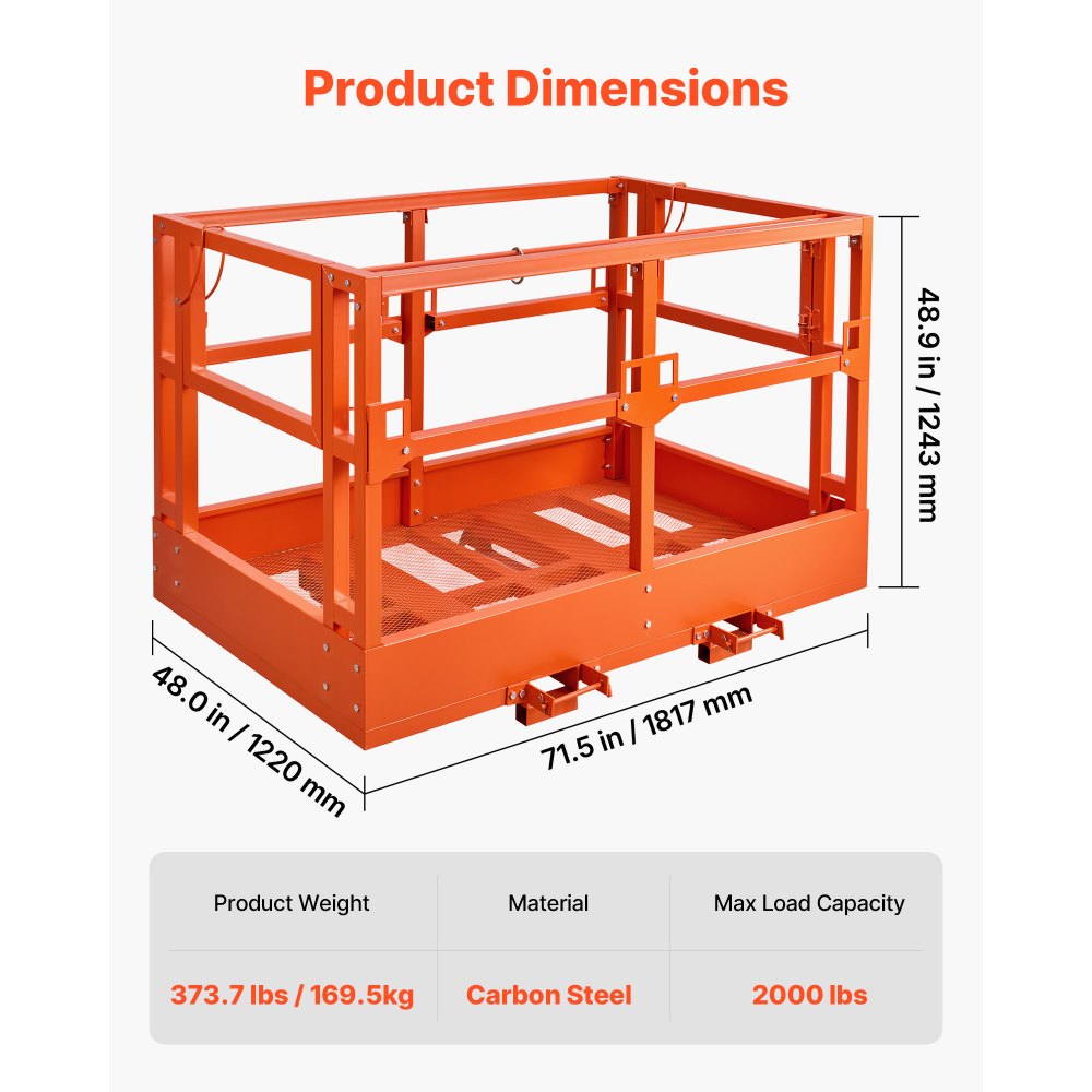 VEVOR Jaula de Seguridad para Montacargas 1817 x 1220 mm, Capacidad de Carga 907 kg, Plataforma de Trabajo de Acero al Carbono para Manipulador Telescópico, Carretilla Elevadora y Trabajo en Altura
