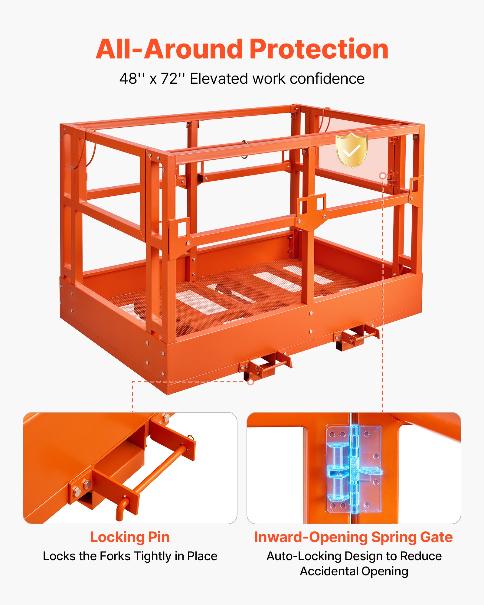 VEVOR Jaula de Seguridad para Montacargas 1817 x 1220 mm, Capacidad de Carga 907 kg, Plataforma de Trabajo de Acero al Carbono para Manipulador Telescópico, Carretilla Elevadora y Trabajo en Altura