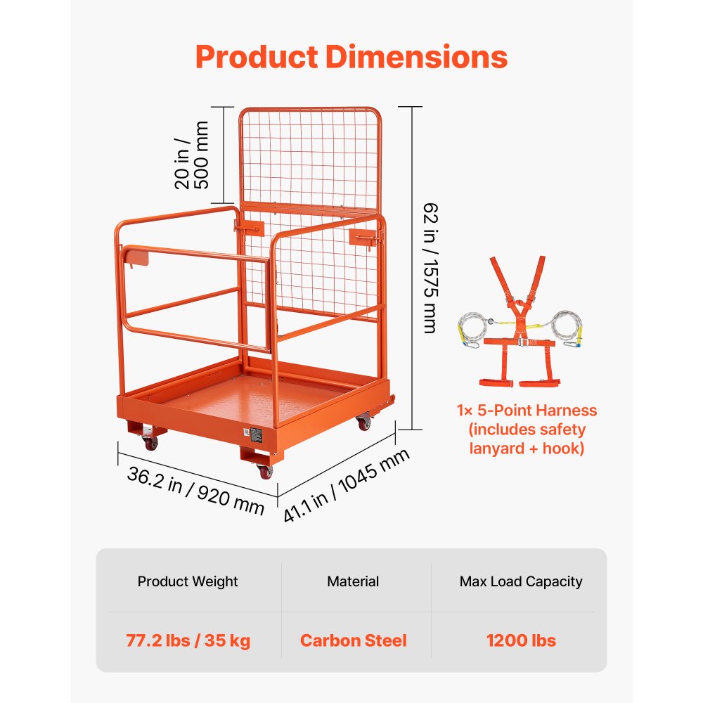 VEVOR Jaula de Seguridad para Montacargas 920 x 1045 mm, Carga 544 kg, con Ruedas, Panel de Malla, Plataforma de Trabajo de Acero con Pasadores de Bloqueo para Trabajo en Altura, Carretilla Elevadora