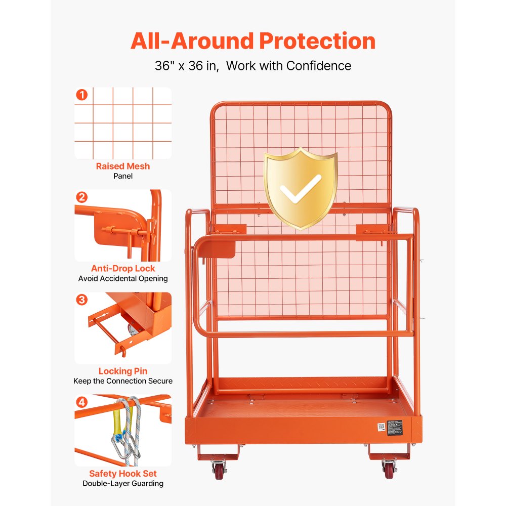 VEVOR Jaula de Seguridad para Montacargas 920 x 1045 mm, Carga 544 kg, con Ruedas, Panel de Malla, Plataforma de Trabajo de Acero con Pasadores de Bloqueo para Trabajo en Altura, Carretilla Elevadora