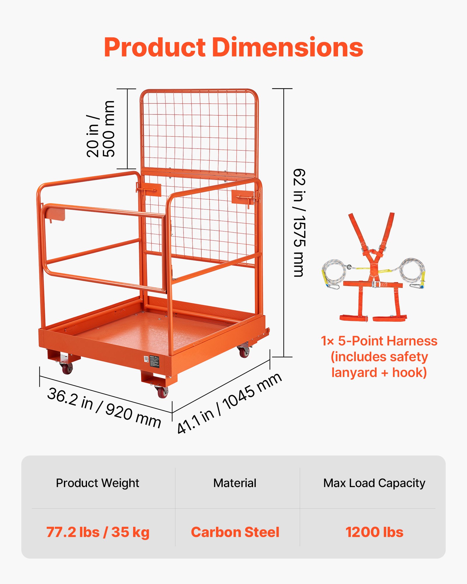 VEVOR Jaula de Seguridad para Montacargas 920 x 1045 mm, Carga 544 kg, con Ruedas, Panel de Malla, Plataforma de Trabajo de Acero con Pasadores de Bloqueo para Trabajo en Altura, Carretilla Elevadora