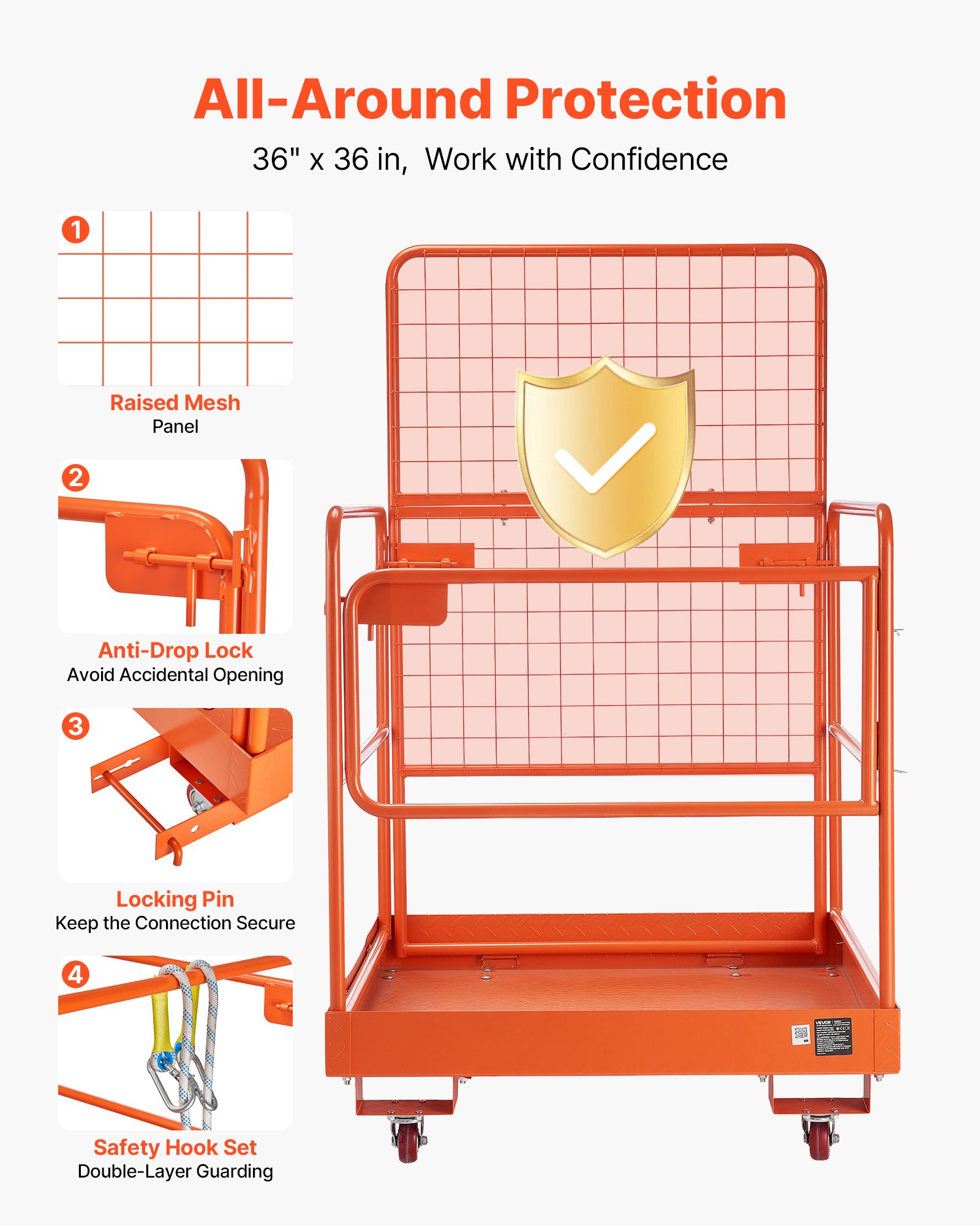 VEVOR Jaula de Seguridad para Montacargas 920 x 1045 mm, Carga 544 kg, con Ruedas, Panel de Malla, Plataforma de Trabajo de Acero con Pasadores de Bloqueo para Trabajo en Altura, Carretilla Elevadora