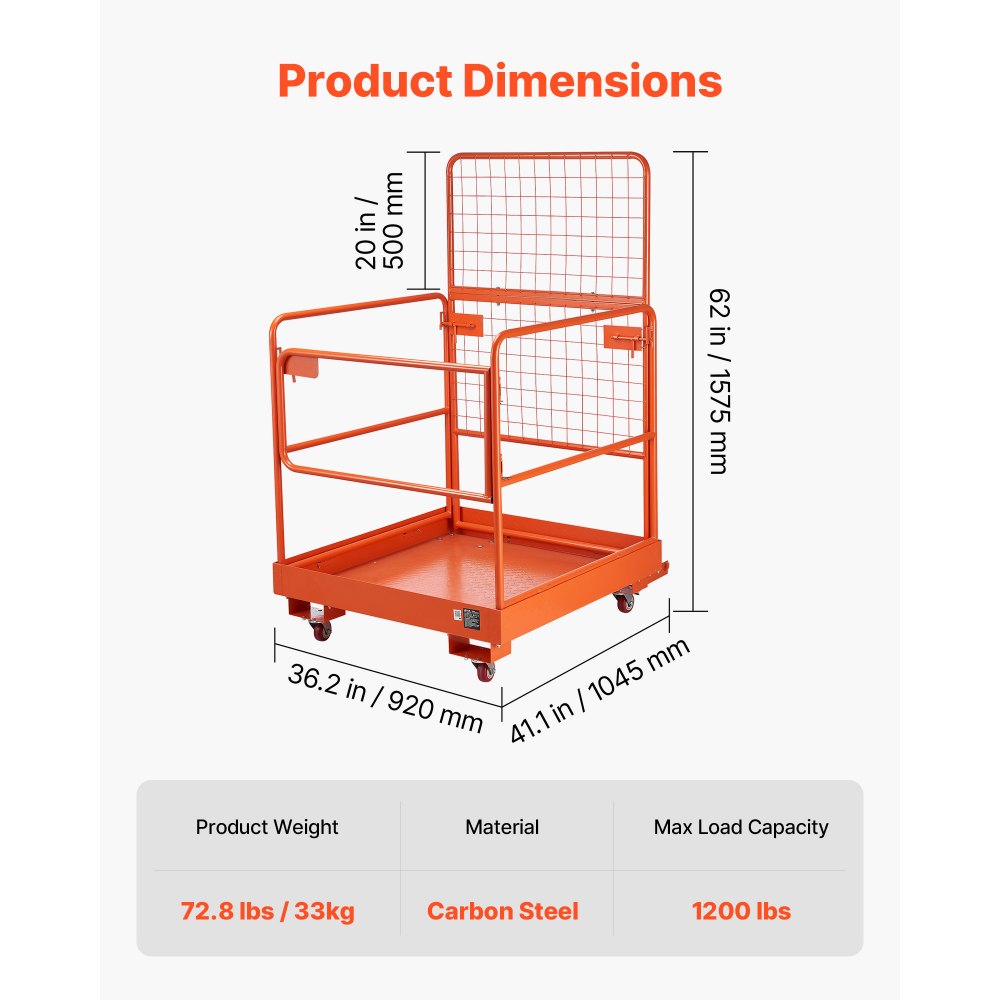 VEVOR Jaula de Seguridad para Montacargas 920 x 1045 mm, Capacidad de 544 kg, con 4 Ruedas, Plataforma de Trabajo con Panel de Malla de Acero al Carbono para Trabajo en Altura y Carretilla Elevadora