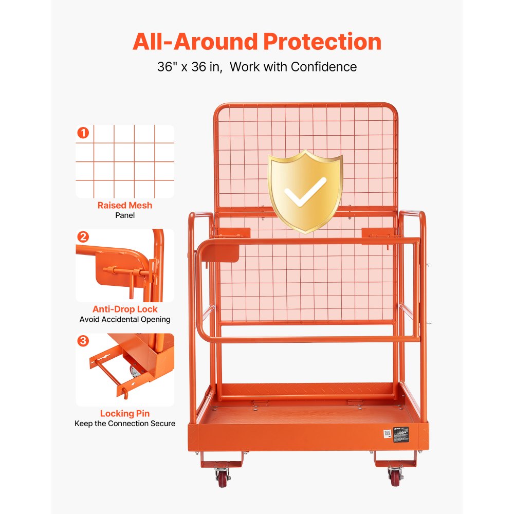 VEVOR Jaula de Seguridad para Montacargas 920 x 1045 mm, Capacidad de 544 kg, con 4 Ruedas, Plataforma de Trabajo con Panel de Malla de Acero al Carbono para Trabajo en Altura y Carretilla Elevadora