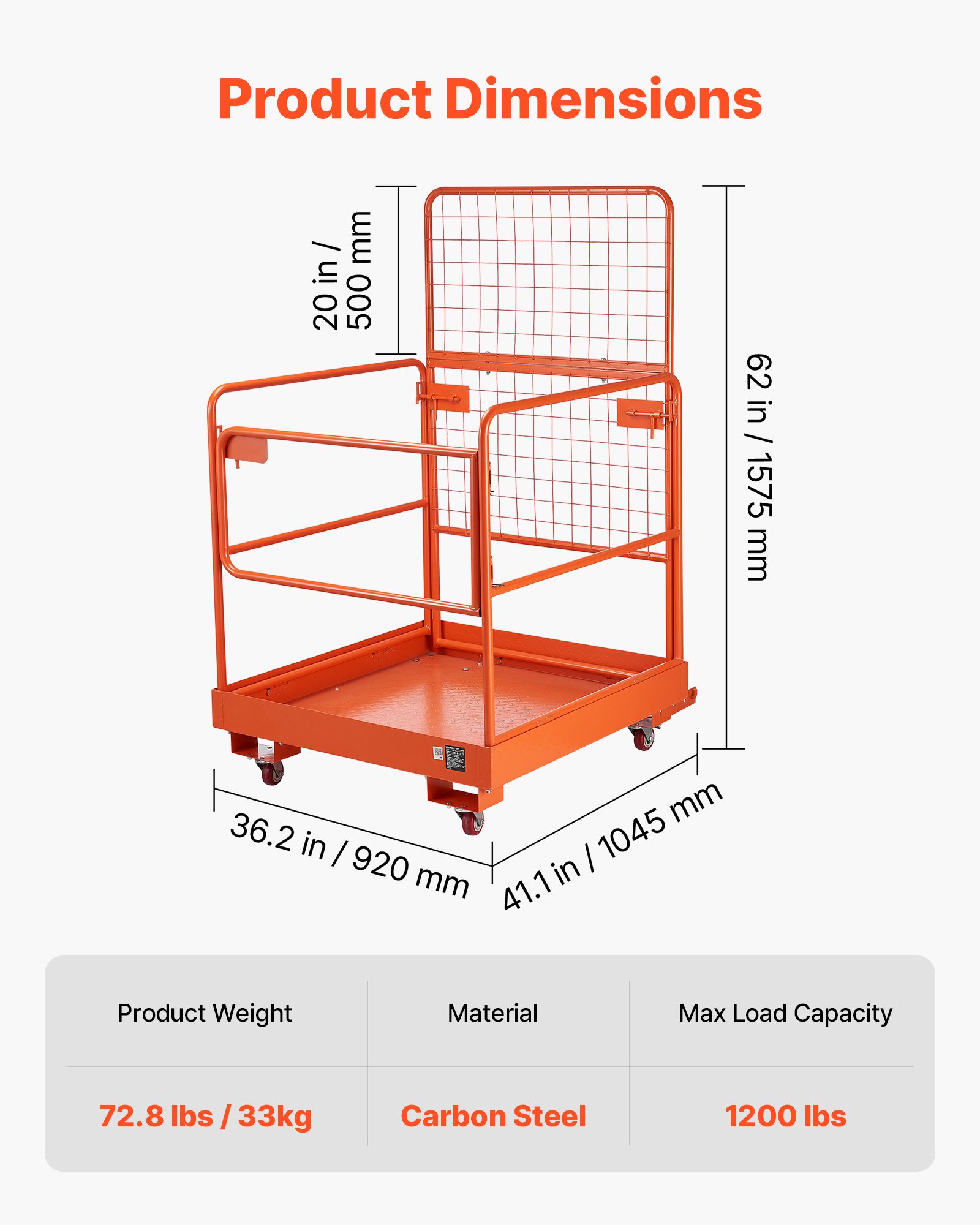 VEVOR Jaula de Seguridad para Montacargas 920 x 1045 mm, Capacidad de 544 kg, con 4 Ruedas, Plataforma de Trabajo con Panel de Malla de Acero al Carbono para Trabajo en Altura y Carretilla Elevadora