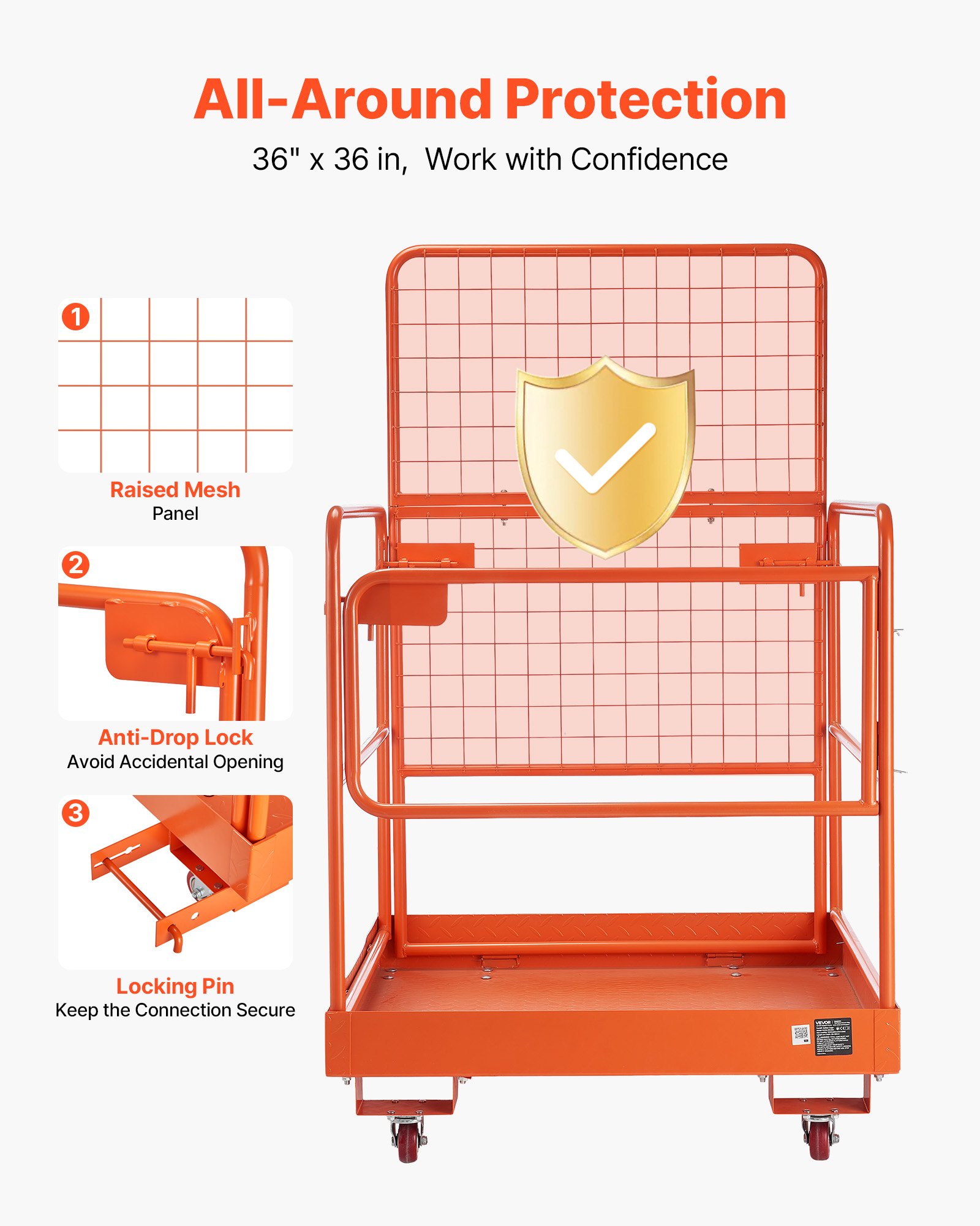 VEVOR Jaula de Seguridad para Montacargas 920 x 1045 mm, Capacidad de 544 kg, con 4 Ruedas, Plataforma de Trabajo con Panel de Malla de Acero al Carbono para Trabajo en Altura y Carretilla Elevadora