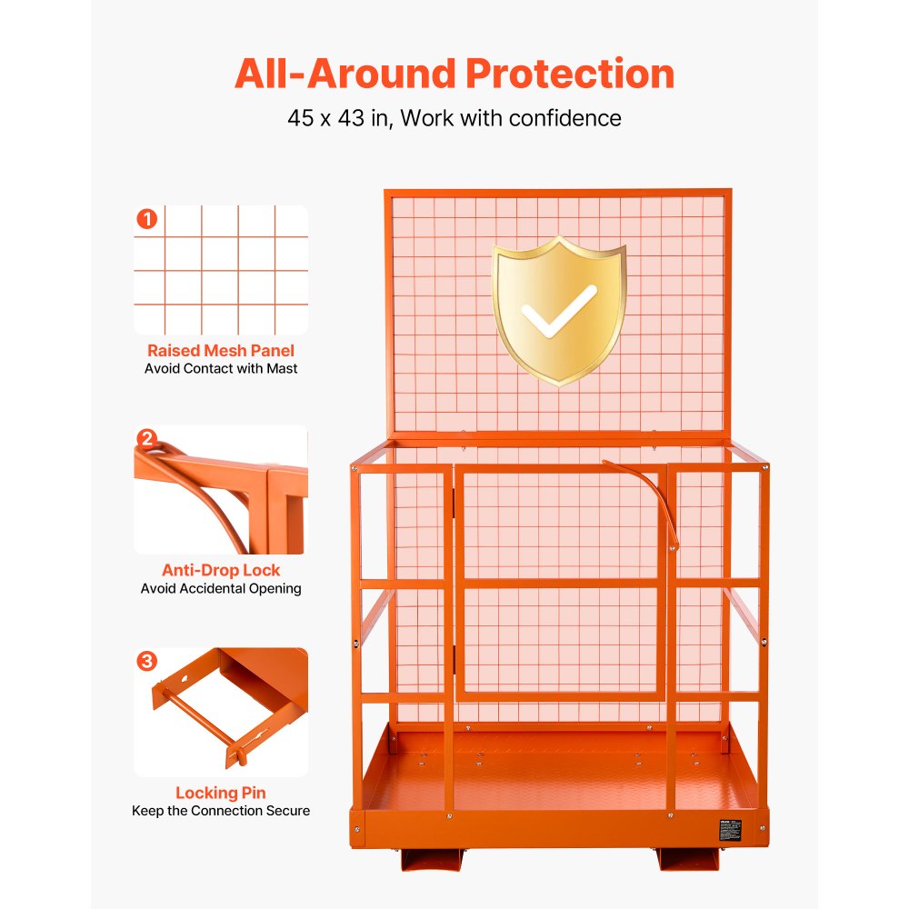 VEVOR Jaula de Seguridad para Montacargas 1225 x 1148 mm, Capacidad de 635 kg, Cesta para Operario de Acero con Orificio de Drenaje, Pasadores de Bloqueo para Carretilla Elevadora, Trabajo en Altura