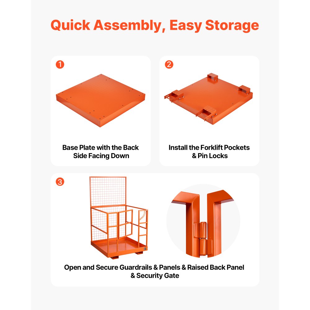 VEVOR Jaula de Seguridad para Montacargas 1225 x 1148 mm, Capacidad de 635 kg, Cesta para Operario de Acero con Orificio de Drenaje, Pasadores de Bloqueo para Carretilla Elevadora, Trabajo en Altura