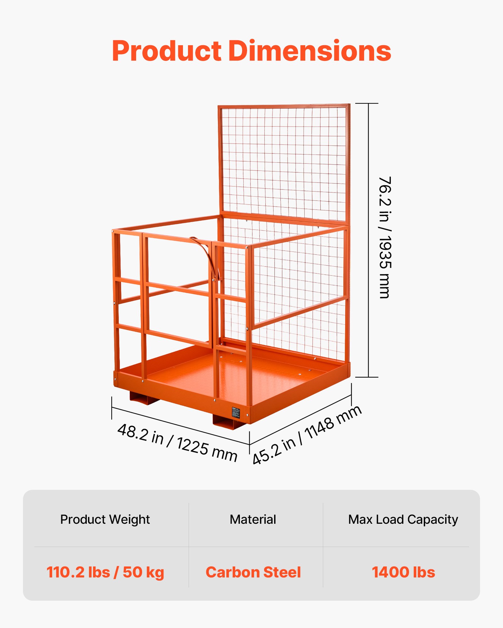 VEVOR Jaula de Seguridad para Montacargas 1225 x 1148 mm, Capacidad de 635 kg, Cesta para Operario de Acero con Orificio de Drenaje, Pasadores de Bloqueo para Carretilla Elevadora, Trabajo en Altura